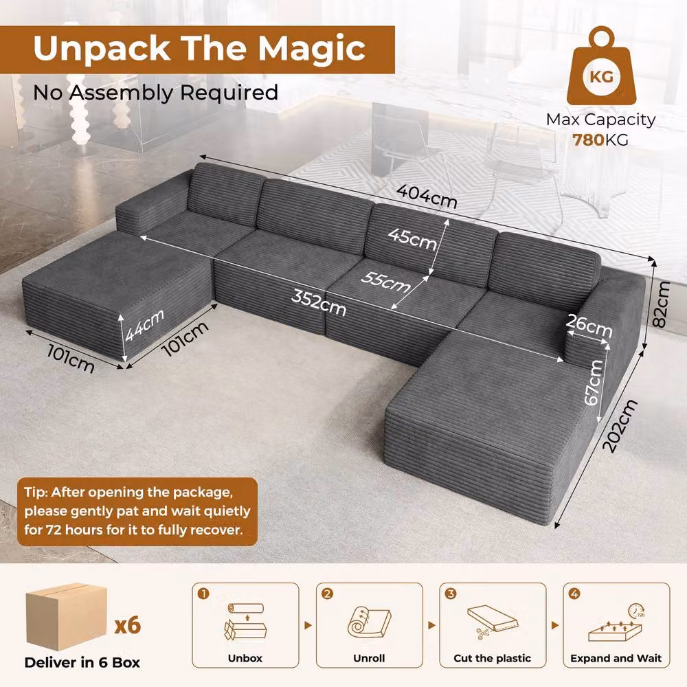 Dprodo Grey Corduroy Modular U-Shape Sofa with Matching Ottoman and Removable Covers – 2