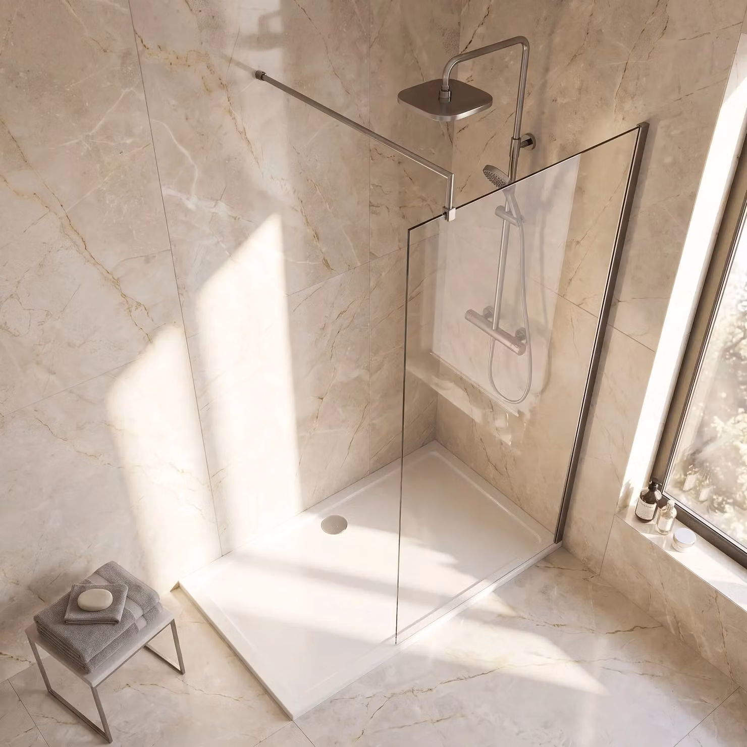 Balterley 8mm Frameless Walk In Wetroom Screen and Support Bar, Clear Glass, Silver and Chrome, W: 900 mm, H: 1850 mm – 2