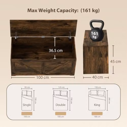 HOMCOM Storage Trunk Bench with Soft Close Lid, Rustic Brown, W: 100 cm, D: 45 cm, H: 40 cm – 7