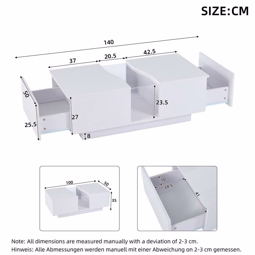 Rolipo High Gloss White LED Coffee Table with 2 Storage Drawers – 4