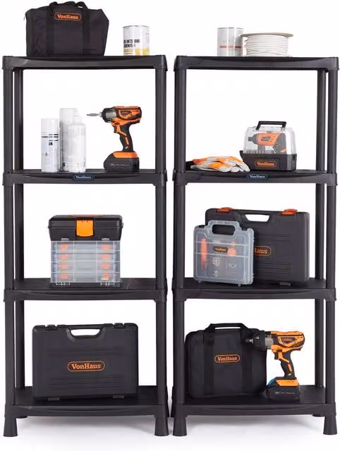 VonHaus 4 Tier Black Wall Mounted Garage and Garden Storage Shelving Units – 1