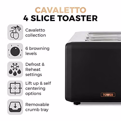 Tower Cavaletto 4-Slice Toaster with Defrost and Reheat, Black and Gold, 1800 W – 2