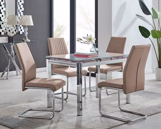 FurnitureboxUK Enna White Glossy Glass Extending 4-6 Seater Rectangular Dining Table and 4 Lorenzo Beige Faux Leather Chairs – 1