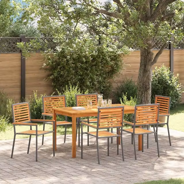 Berkfield Home 7 Piece Grey Poly Rattan and Acacia Wood Garden Dining Set – 1