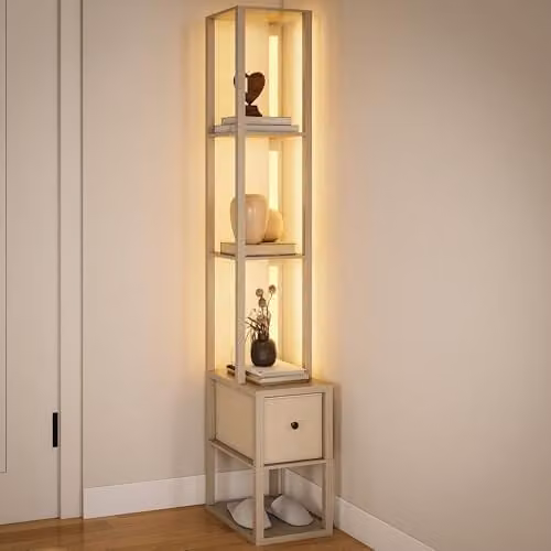 HOMCOM Dimmable LED Floor Lamp with Fabric Shade and Shelves in Oak and White, H: 169 cm, W: 43.5 cm, D: 26.5 cm