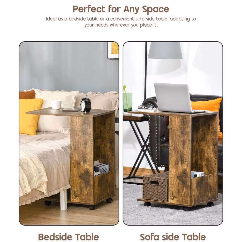 FORGEVIO C Shaped Side Table with Castors, Brown Industrial Metal Bedside and Coffee Table – 4