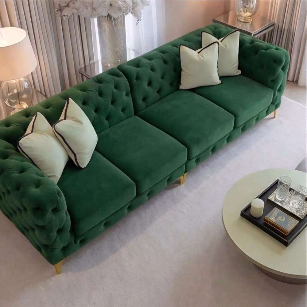 Sofaya Monaco Chesterfield 4 Seater L-Shape Velvet Sofa in Green with Scatter Cushions – 2