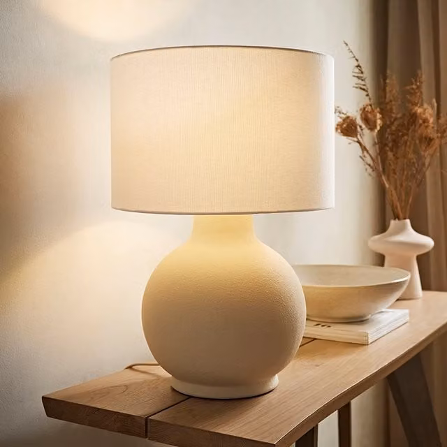 ValueLights Blair Large Round Ceramic Table Lamp with Fabric Drum Lampshade and LED Bulb in Beige and Grey