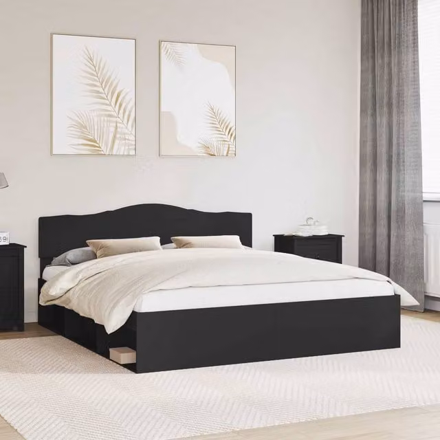 Berkfield Home Modern Bed Frame with Headboard in Black Solid Pine Wood 200 x 200 cm