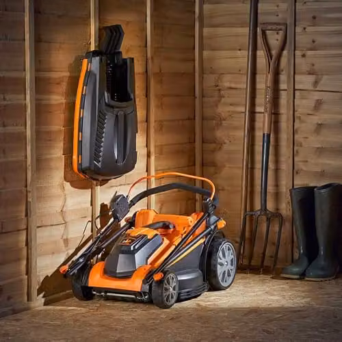 LawnMaster MX 24V 37cm Cordless Lawnmower in Orange with Spare Battery, Quick Charger, Collection Bag and Mulching Kit – 8