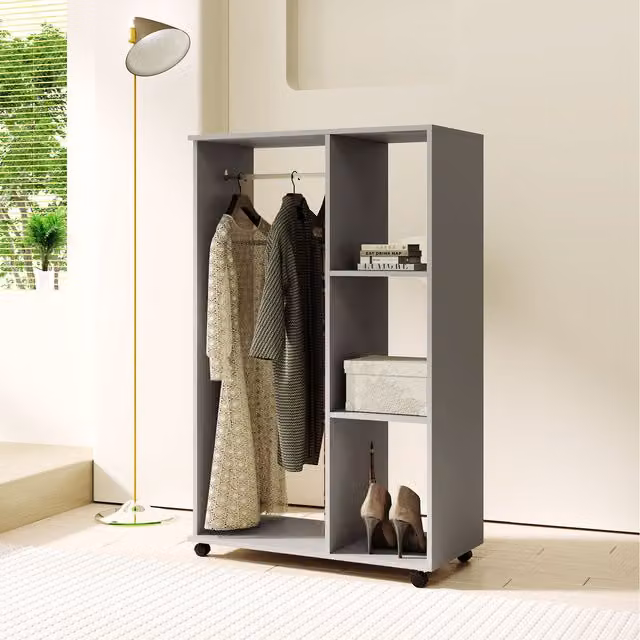 HOMCOM Modern Grey Open Wardrobe with Metal Hanging Rail and Open Shelf