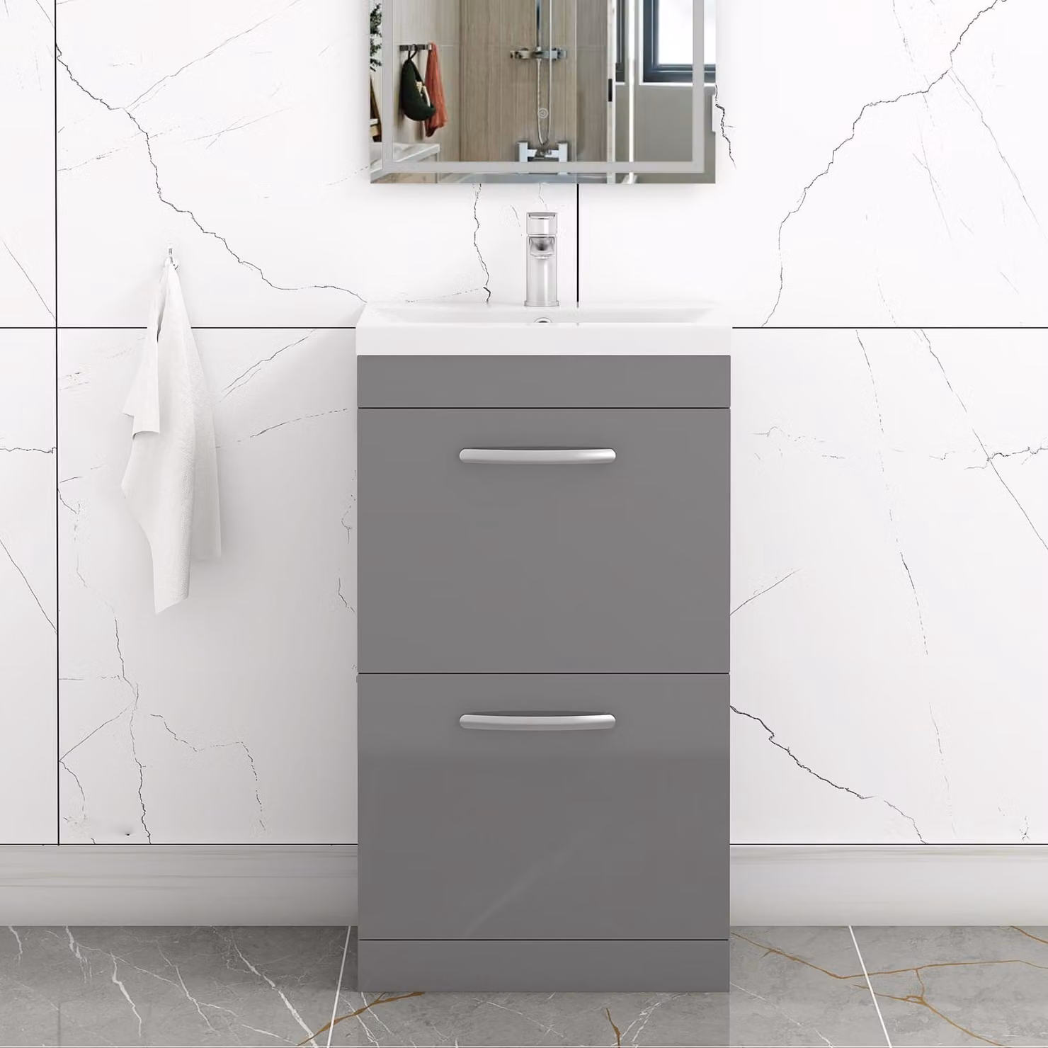 Royal Bathrooms Turin Indigo Grey Gloss 2 Drawer Floor Standing Vanity Unit with Mid-Edge Basin