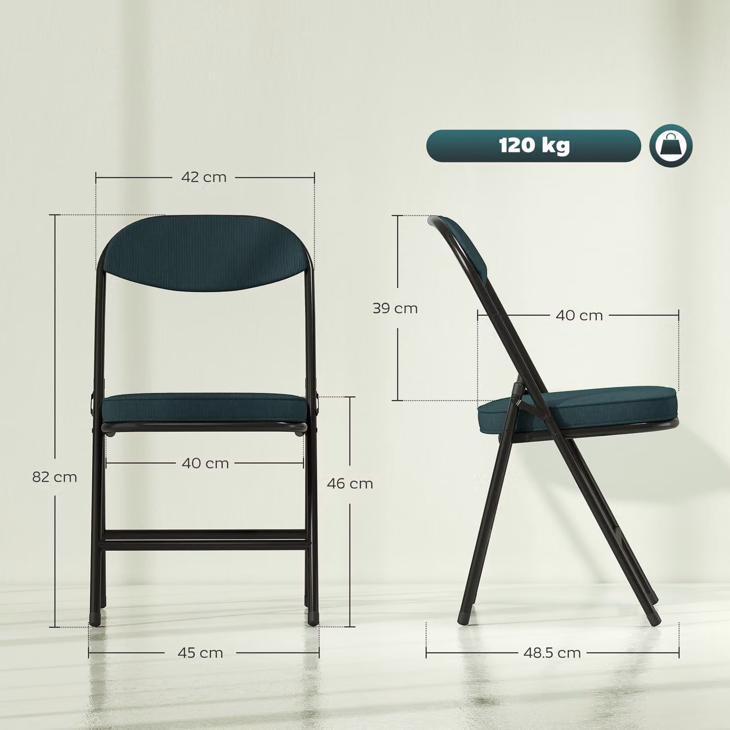 HOMCOM Set of Four Blue Corduroy Folding Dining Chairs with Metal Frame – 3