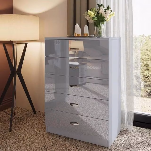SPETLEK Grey High Gloss 5 Drawer Tall Chest of Drawers