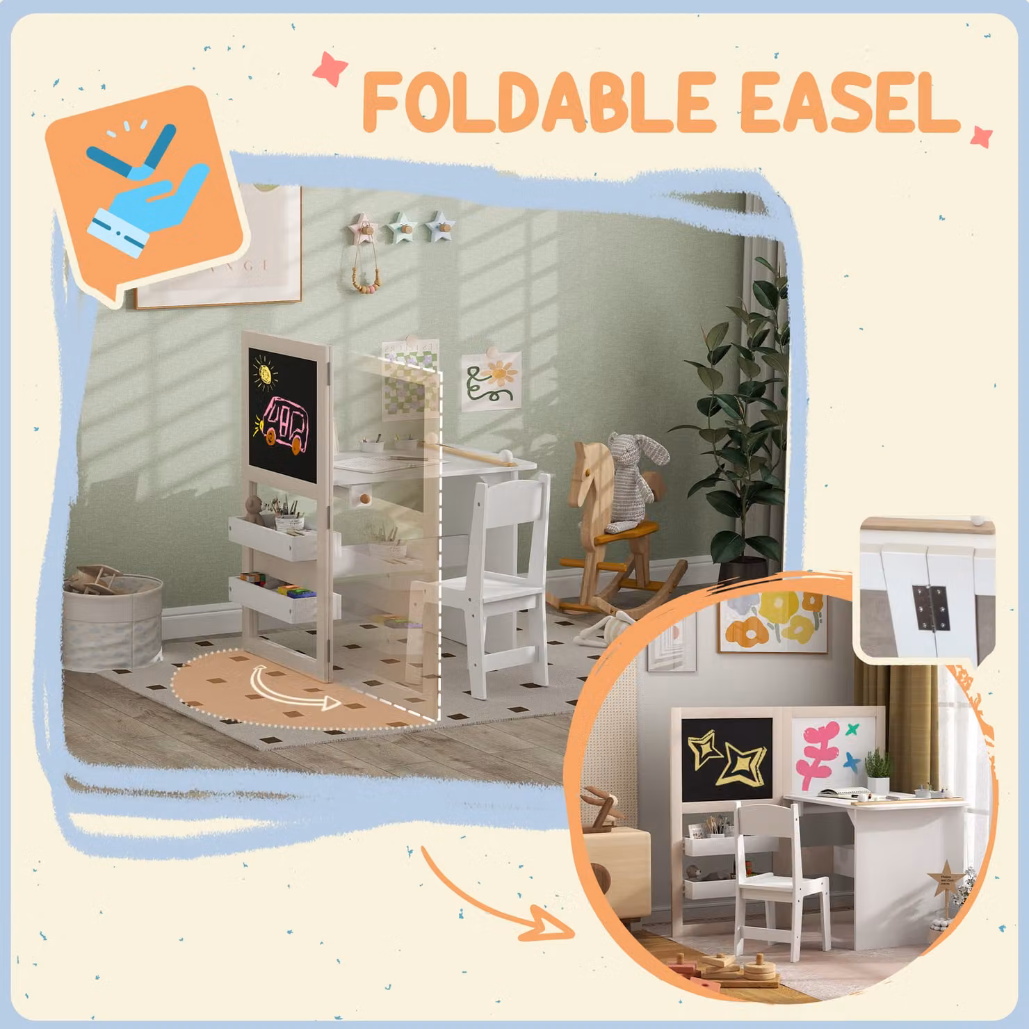 AIYAPLAY 3 in 1 Kids Table and Chair Set with Storage, Whiteboard, Blackboard and Roll Paper, White – 3