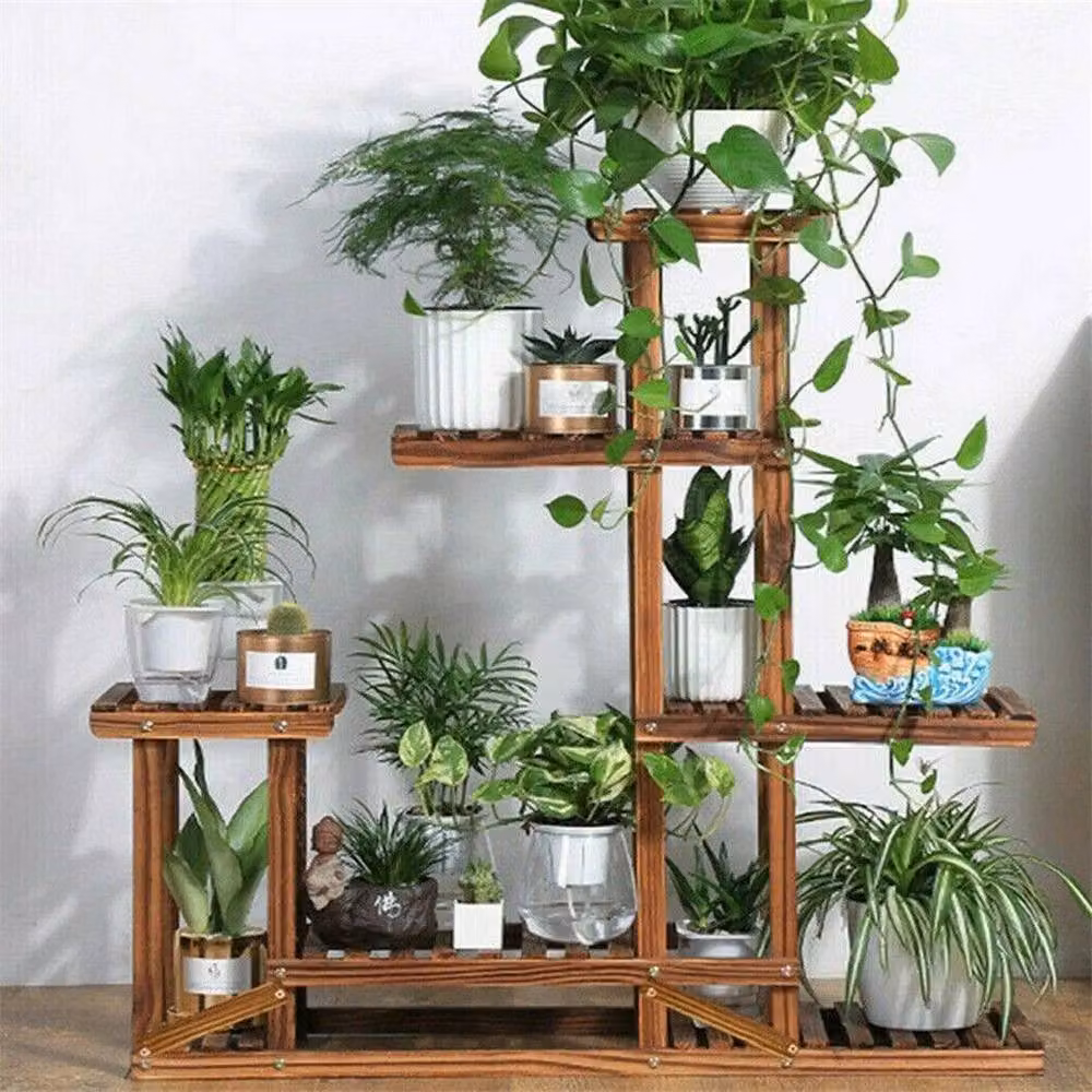 FLAVORA Rustic Brown Pine Wood Flower Plant Pot Shelf Stand for Outdoor and Garden Use, W/D/H: 96 x 25 x 25 cm – 4