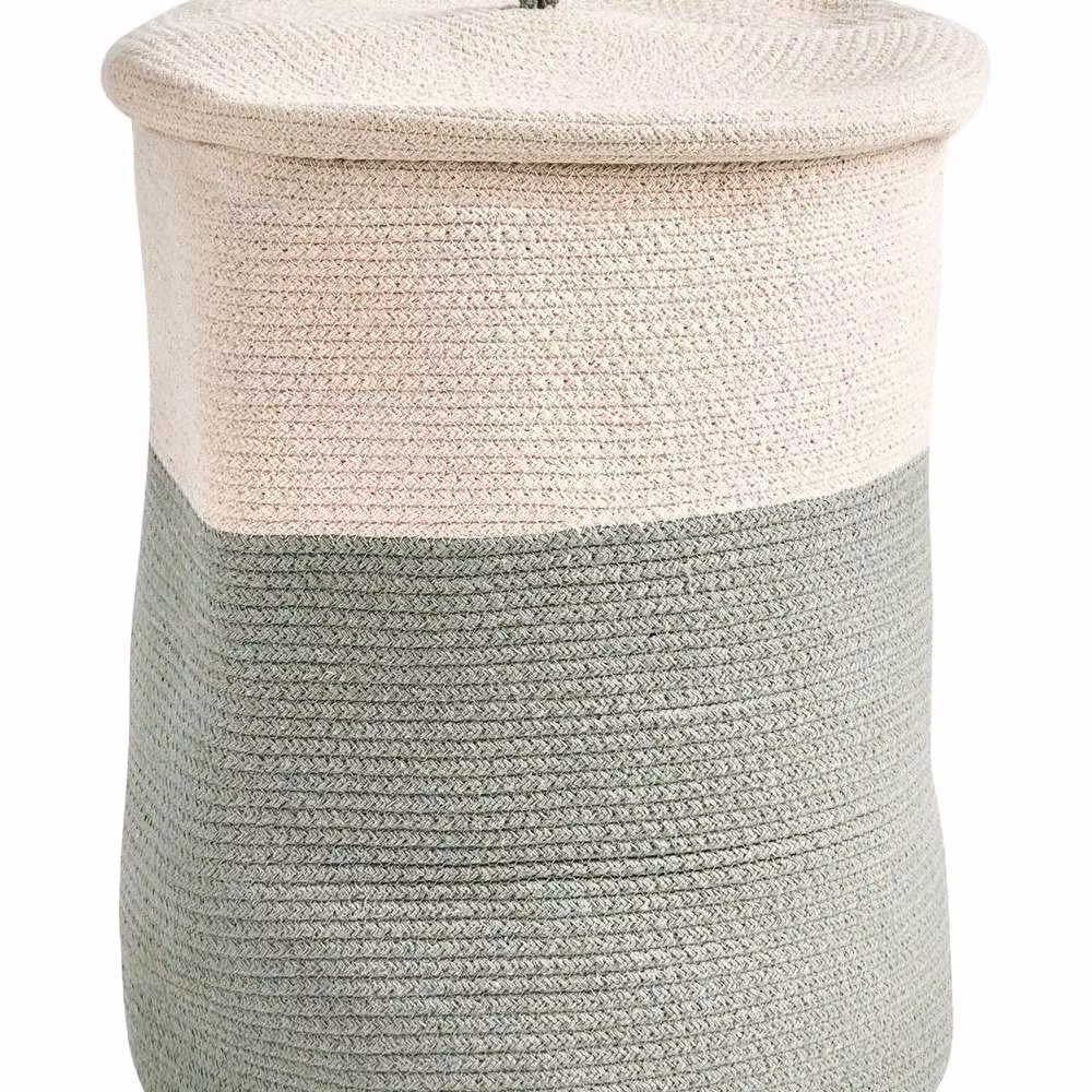 Wyld and Coco Round Cotton Storage Basket with Lid, Beige and Green, W/D/H: 44 x 44 x 52 cm – 2