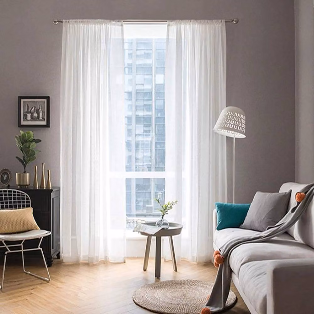 PAWNORA Pair of White Transparent Voile Fabric Curtains with Rod Pocket, Height: 206 cm – 2