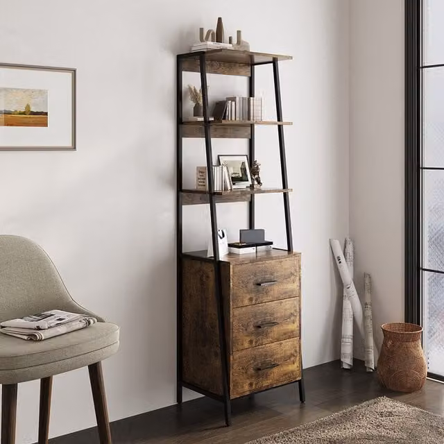 H&O Direct Industrial Style Wooden and Metal Bookshelf with Drawers in Brown and Black