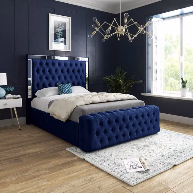Gemia Soft Velvet Upholstered Mirror Bed Frame in Blue and Silver, W/D/H: 200 x 200 cm