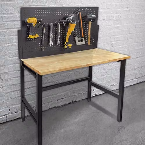 Phoenix TWD4723 47 inch Foldable Workbench with Pegboard, Black Heavy-Duty Steel Frame and Rubberwood Top, Wall-Mounted, 300kg Capacity – 4