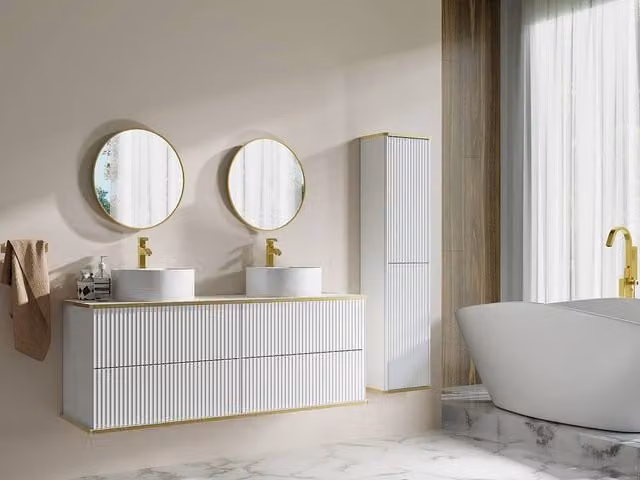 Vente-unique Striped Wall-Mounted Bathroom Vanity Unit and Tall Cabinet in White and Gold
