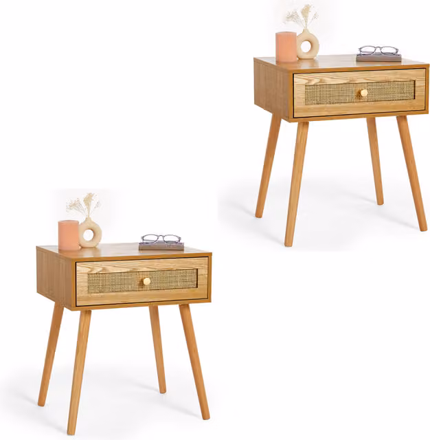 BTFY Set of 2 Ash Wood Bedside Tables with Rattan Fronted Drawers in Brown and Gold