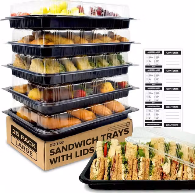 Ebake Black Plastic Sandwich Platter Trays with Lids, 45 cm