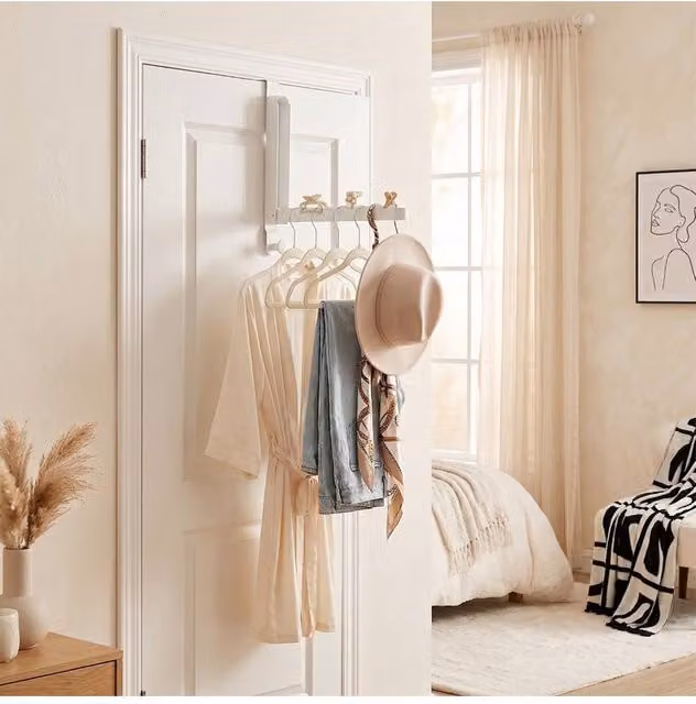 Living and Home Adjustable Aluminium Over-the-Door Hanger with Folding Hooks in White