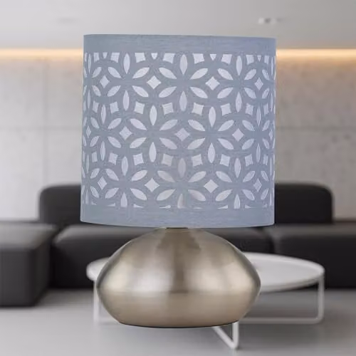 First Choice Lighting Jenson Touch Table Lamp in Brushed Chrome with Grey Laser Cut Shade – 2