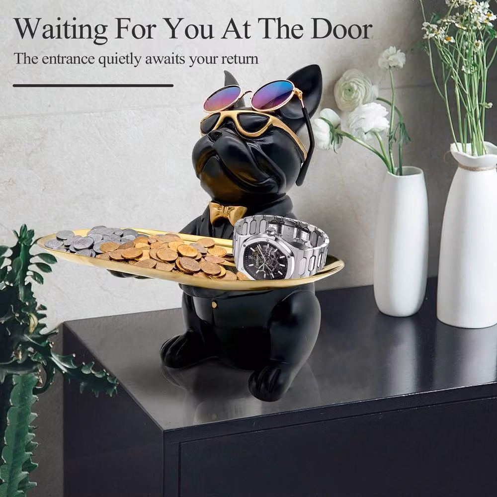 Huhote Black Resin Bulldog Statue with Tray Sitting Sculpture for Tabletop Decor – 2