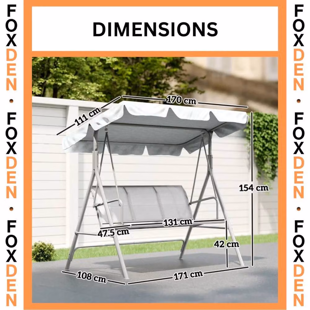FLAVORA 3 Seater Metal Garden Swing Chair Hammock with Sun Canopy in Grey – 3