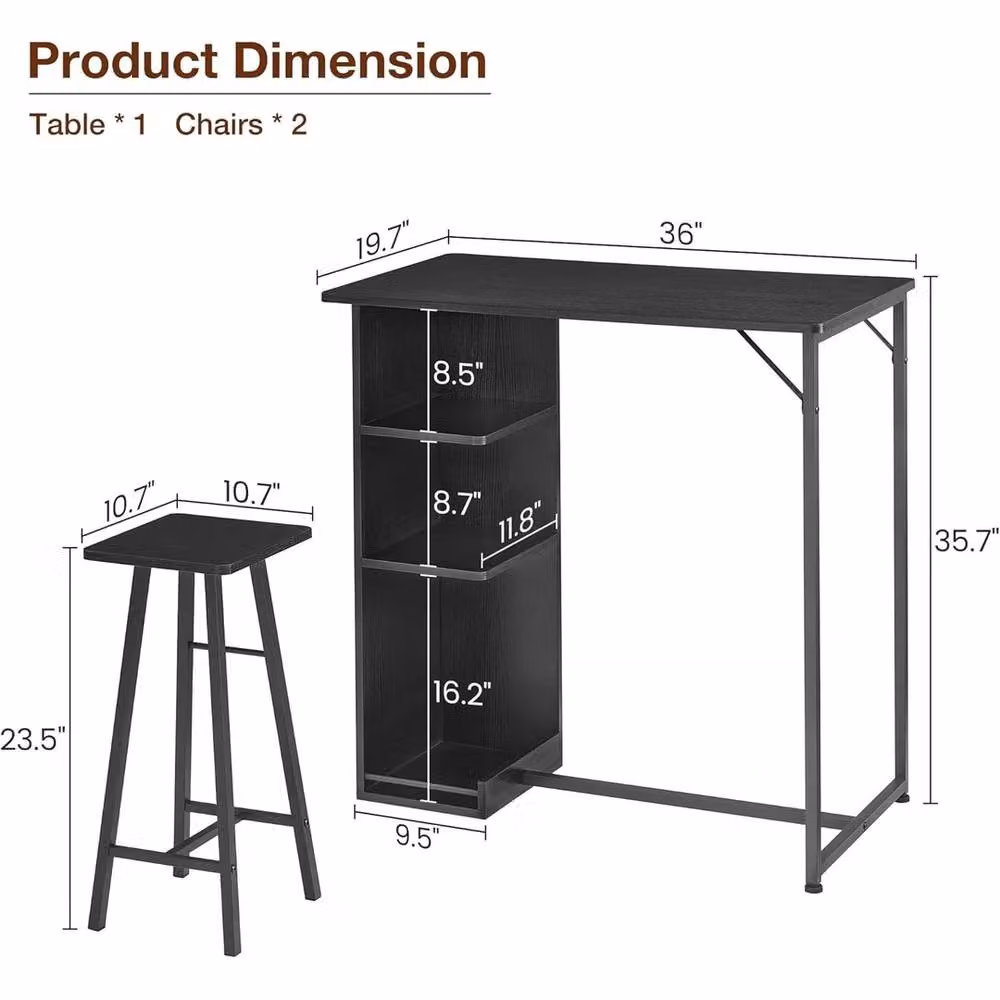 VOGREX 3-Piece Modern Dining Table Set with 2 Stools and Storage Shelves in Black – 2