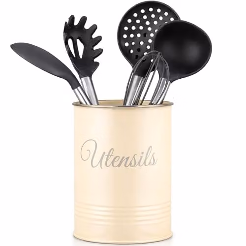 Innoteck Metal Utensil Holder and Cutlery Organiser in Cream, W/D/H: 13.5 x 17.4 x 13.5 cm