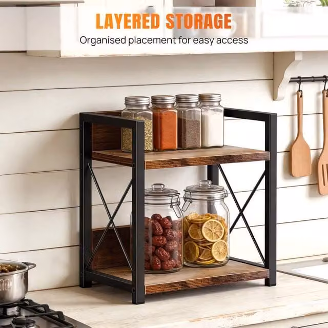EONLION 2 Tier Wooden Kitchen Countertop Spice Rack Organizer, Black, Width: 100 cm