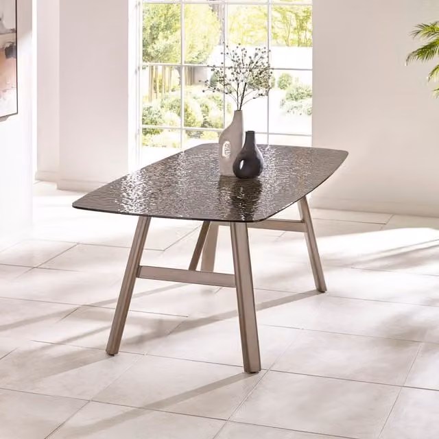 Julian Bowen Callisto Rectangular Smoked Bubble Glass Dining Table in Taupe and Brushed Bronze
