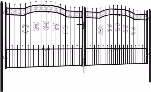 Berkfield Home Double Fence Gate with Spear Top in Black Powder-coated Steel, W: 406 cm, H: 198 cm – 1