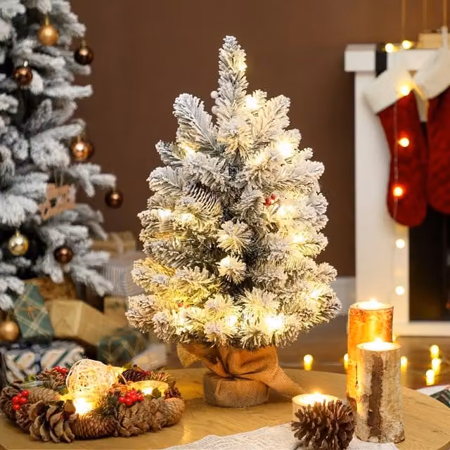 HOMCOM Prelit Small Snow Flocked Tabletop Christmas Tree in Green, Height: 60 cm – 1