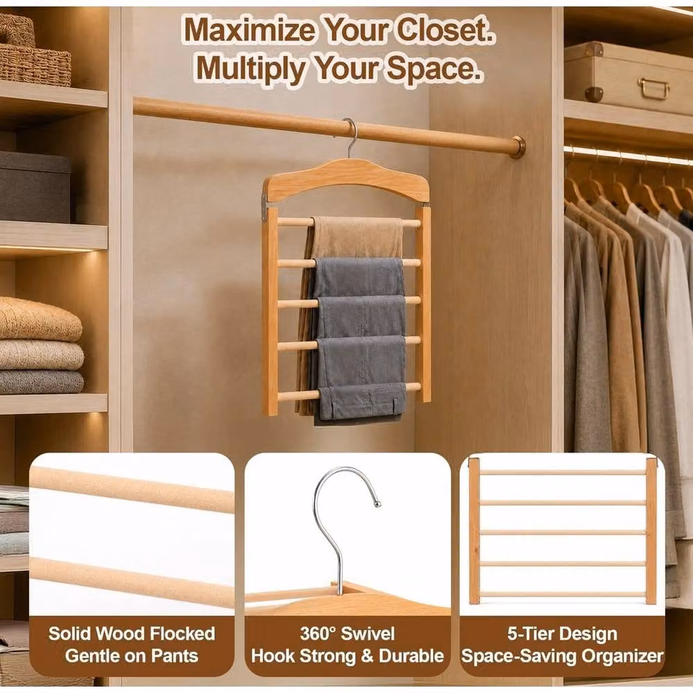 VOGREX 2 Pack Space Saving Wooden Trouser, Jeans and Scarf Organiser Hangers in Beige – 3