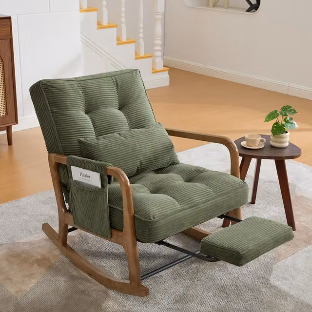 Aosom UK Green Corduroy Rocking Chair with Adjustable Footrest and Side Pocket, W/D/H: 80 x 92 x 70 cm