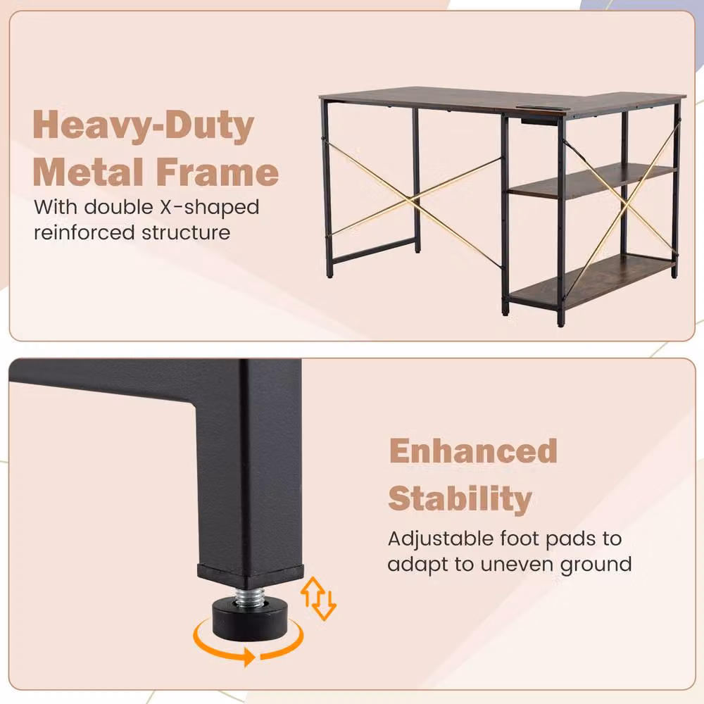 Costway L-shaped Corner Computer Desk with Power Outlet and Reversible Shelves in Brown – 4