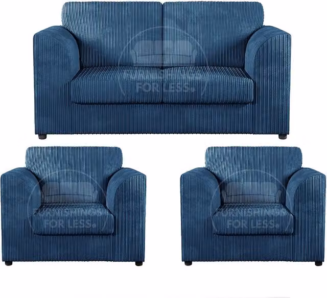 Furnishings For Less UK Luxor 3 Piece Sofa Suite in Blue Jumbo Cord Fabric with 2 Seater Sofa and 2 Armchairs