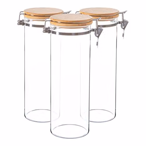 Argon Tableware Glass Storage Jars with Wooden Clip Lids, 1.75 l, Pack of 3, Transparent – 1