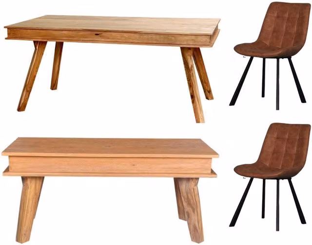 IH Design Indus Sheesham Wood Dining Table Set with 2 Chairs and 1 Bench in Brown