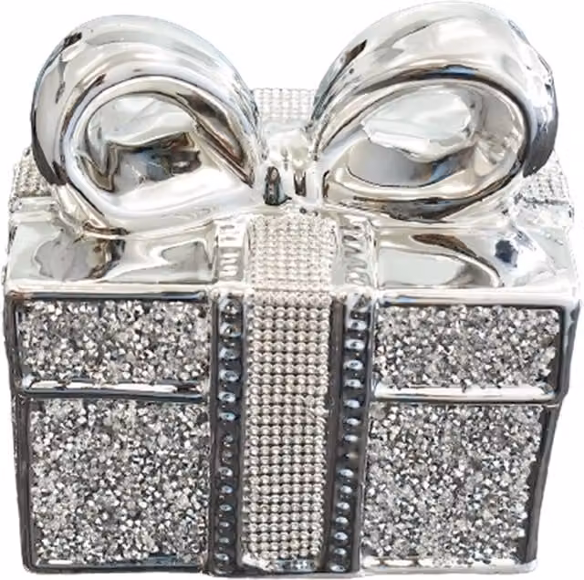 Biznest Silver Ceramic Crushed Diamond Sparkling Square Gift Box Tabletop Ornament