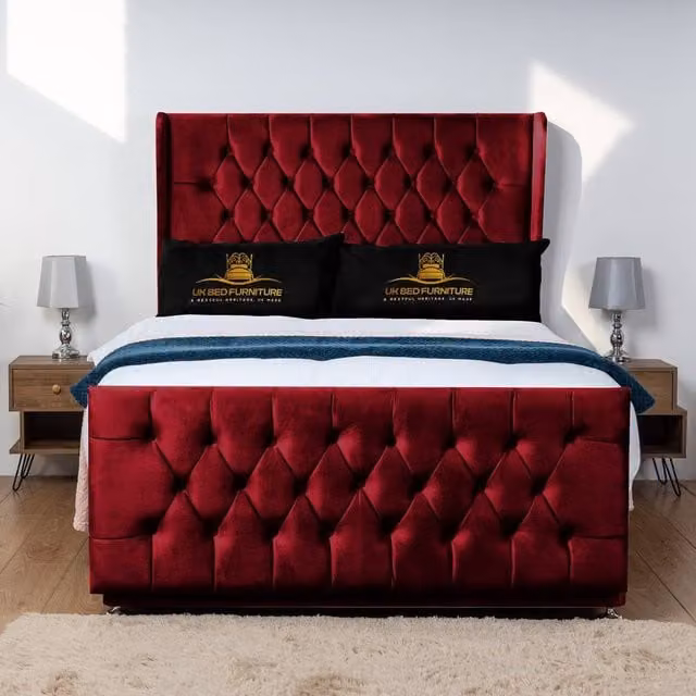 UK Bed Furniture Balamore Maroon Velvet Wingback Divan Bed Base with 54 Inch Headboard, Double, W/D/H: 140 x 200 cm – 1
