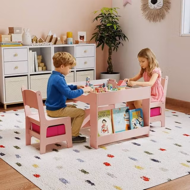 Costway 4 in 1 Kids Study Table and 2 Chairs Set in Pink
