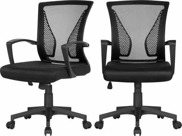 Yaheetech Set of 2 Ergonomic Black Fabric Swivel Office Chairs with Armrests and Castors