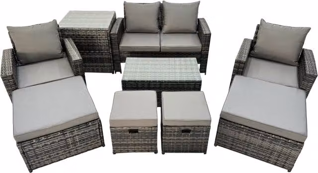 Fimous 8-Seater U-Shape PE Rattan Outdoor Sofa Set in Grey with Cushions, Coffee Table and Ottoman