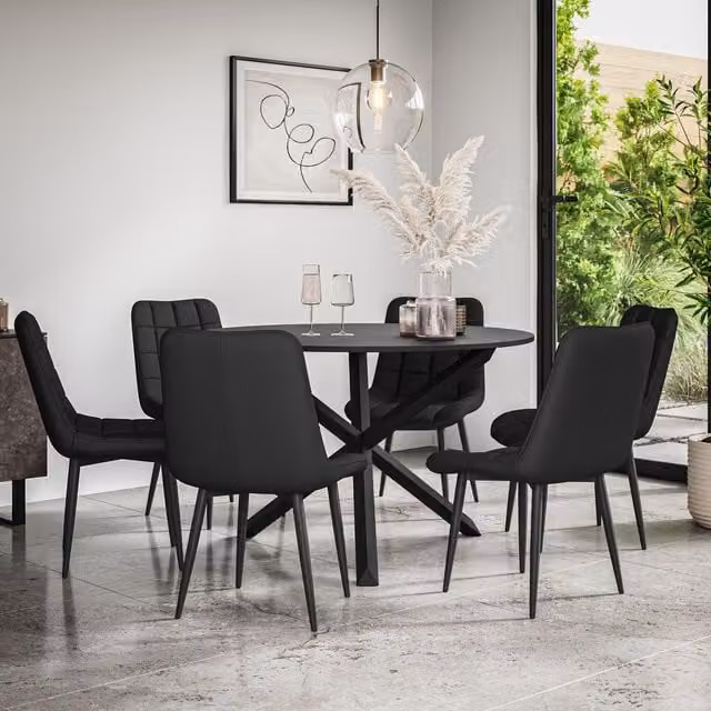 More4Homes Malvern Round Dining Table and 6 Nova Faux Leather Chairs Set, Black Table Top with Solid Oak Legs, Diameter: 120 cm, Height: 75 cm – 1